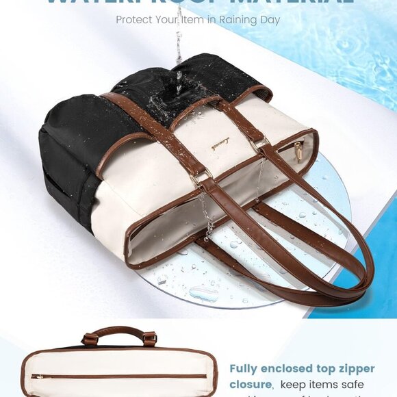 Brand New Multi-Pocket Work Tote Bag 15.6in Black-Beige-Brown Zipper - Picture 5 of 9